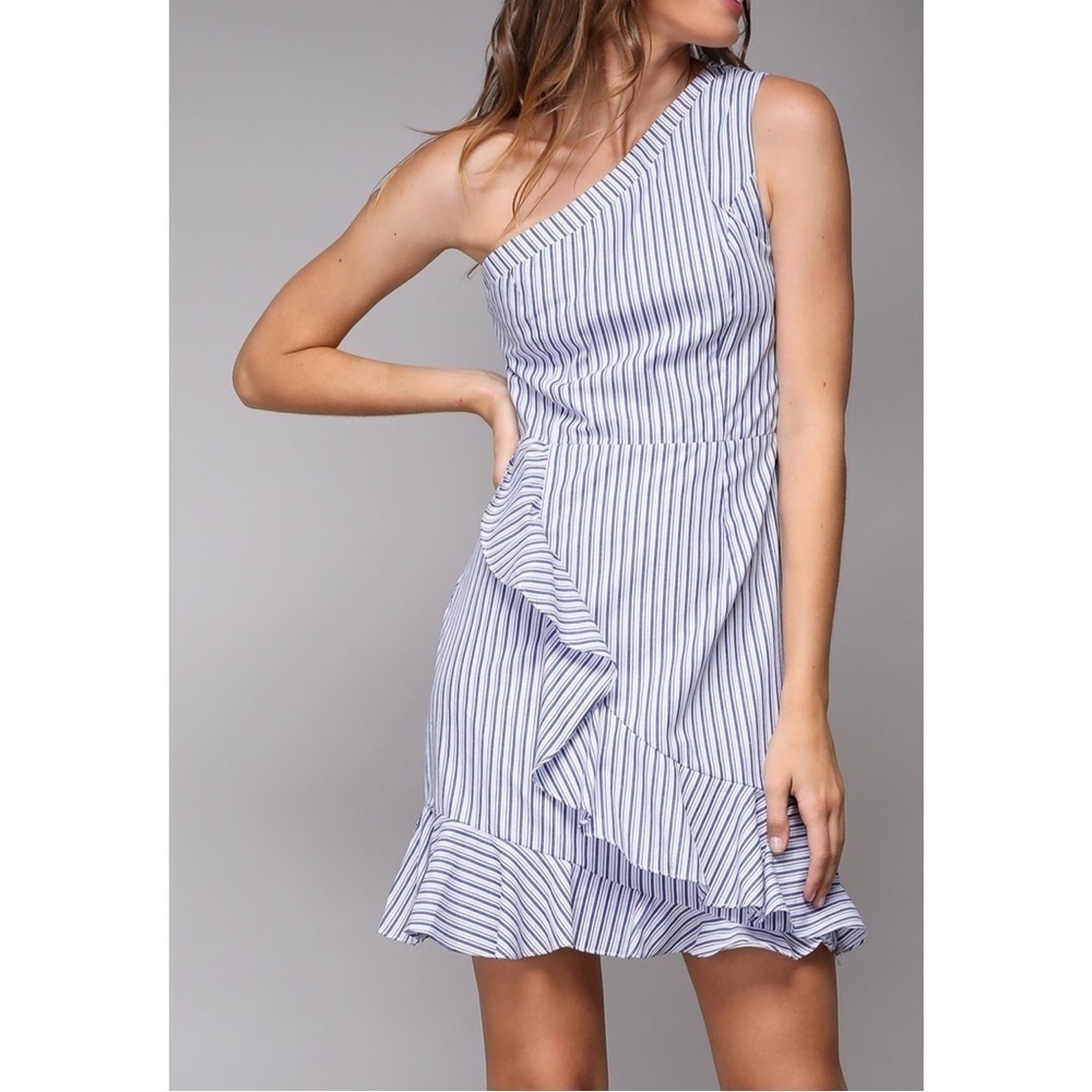 Do+Be One Shoulder Ruffle Dress Cotton Blue Stripe Mini Size Small
